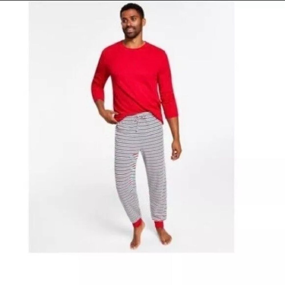 Family PJs Matching Mens Thermal Waffle Holiday Stripe Mix It Pajama Set. Size M